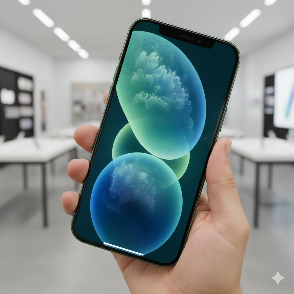 Mão segurando um iPhone seminovo em perfeito estado.